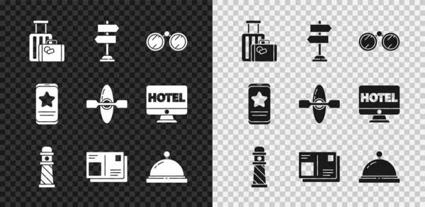 Set Suitcase, Road traffic sign, Binoculars, Lighthouse, Passport with visa stamp, Hotel service bell, Mobile review rating and Kayak canoe icon. Vector — Stock Vector