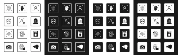 Set Gezichtsherkenning, Afwijzingsgezicht, Schild oogscan, Vingerafdruk, Bewegingssensor, Palm, met slot en Stem pictogram. Vector — Stockvector