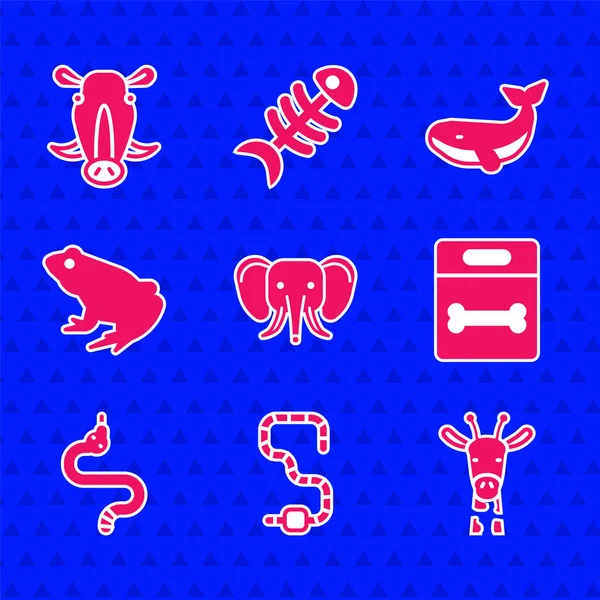 Set Elefante, Gusano, Cabeza de jirafa, Hueso de perro, Serpiente, Rana, Ballena y jabalí icono. Vector — Archivo Imágenes Vectoriales