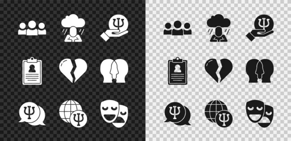 Set Users group, Depression, Psi, Comedy and tragedy masks, Medical clipboard and Broken heart or browth icon. Вектор — стоковый вектор