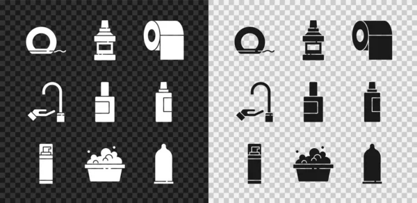 Set Dental floss, Mouthwash bottle, Toilet paper roll, Shaving gel foam, Basin with soap suds, Condom, Washing hands and Bottle for cleaning agent icon. Vector — Stock Vector