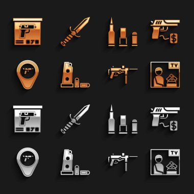 Set Gun şarjörü, mermiler, silah tabancası, reklam silahı, Submachine M3, Bullet, Askeri mühimmat kutusu ve bıçak ikonu. Vektör