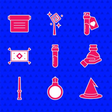 İksirli şişe, sihirli taş yüzük, cadı şapkası, değnek, halı, aşk ve Antik büyü kitabı ikonu. Vektör