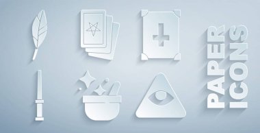 Cadı kazanı, Kadim büyü kitabı, sihirli değnek, masonlar, üç tarot kartı ve tüy ikonu. Vektör