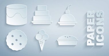 Dondurmayı waffle külahına, kirazlı peynirli keke, kurabiyeye, ev yapımı pastaya, keke ve ikona koy. Vektör