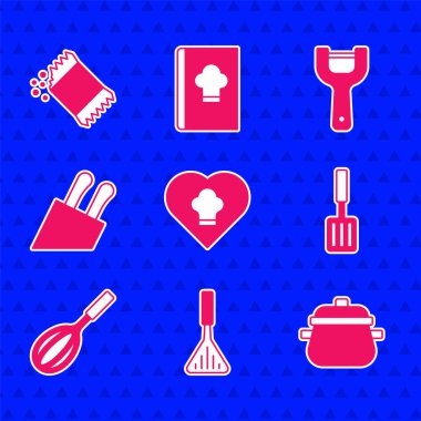 Şef şapkası, barbekü spatulası, pişirme kabı, mutfak çırpısı, bıçak, sebze soyacağı ve bir paket biber ikonu. Vektör