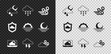 Bulut 'u yağmur ve ay ile ayarla, rüzgarlı hava, hava tahmini, fırtına ve gündoğumu ikonu. Vektör