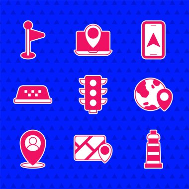 Trafik ışığını ayarlayın, şehir haritası navigasyon bilgileri, deniz feneri, dünyanın konumu, taksinin çatısı, şehir ve işaret simgesi ile birlikte. Vektör