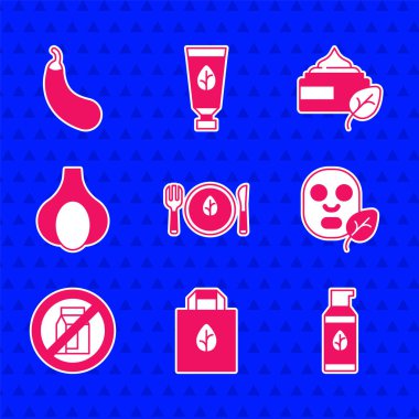 Vejetaryen yemek diyeti, geri dönüşümlü alışveriş torbası, organik kozmetik, yüz maskesi, süt, sarımsak ve patlıcan yok. Vektör