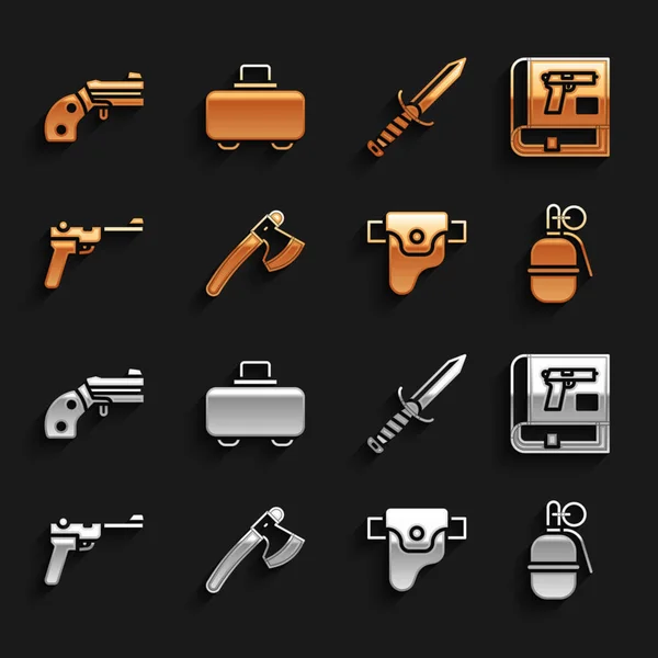 Set Holzbeil, Buch mit Pistole oder Gewehr, Handgranate, Pistole im Holster, Mauser, Militärmesser, Kleiner Revolver und Waffenkoffer-Symbol. Vektor — Stockvektor