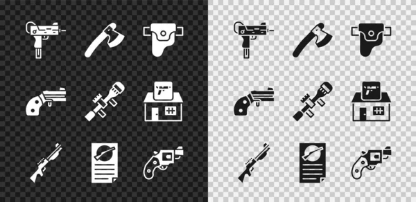 Set UZI subametralladora, hacha de madera, funda de pistola, caza, certificado de licencia de armas de fuego, revólver pequeño, y el icono de visión óptica de francotirador. Vector — Vector de stock