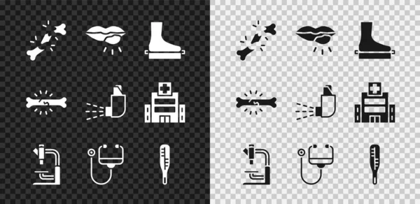 Set Human broken bone, Herpes lip, Flat foot, Microscope, Stethoscope, Medical thermometer, Bone pain and Inhaler icon. Vector — Stock Vector