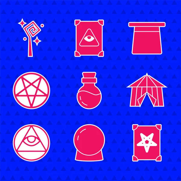 Set Botella con poción, bola mágica, libro de magia antigua, tienda de circo, masones, pentagrama en círculo, sombrero e icono del bastón. Vector — Vector de stock