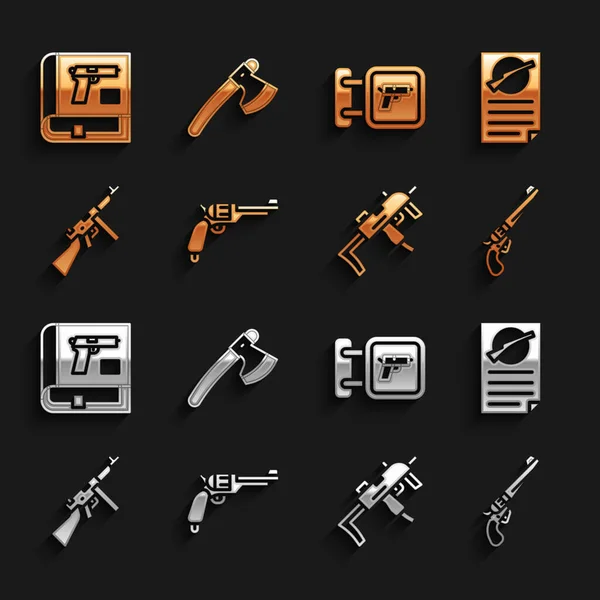 Set Revolver gun, Firearms license certificate, MP9I submachine, Tommy, Hunting shop weapon, Book with pistol or and Wooden axe icon. Vector Royalty Free Stock Vectors