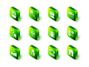 Set Arama Evi, Mahvolmuş, Bağış Yemeği, Cam şişe resepsiyonu, Gayrimenkul, Yürüyüş sırt çantası, Kıyafet Bağışı ve evsiz ikonu için Barınak. Vektör