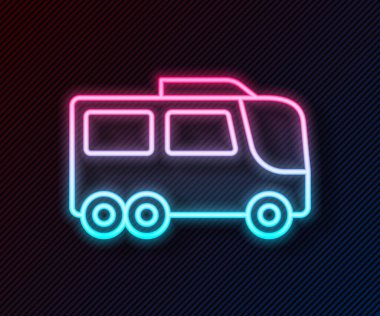 Parlayan neon hattı otobüs simgesi siyah arkaplanda izole edildi. Ulaşım konsepti. Otobüs turu nakliyesi. Turizm ya da kamu aracı sembolü. Vektör