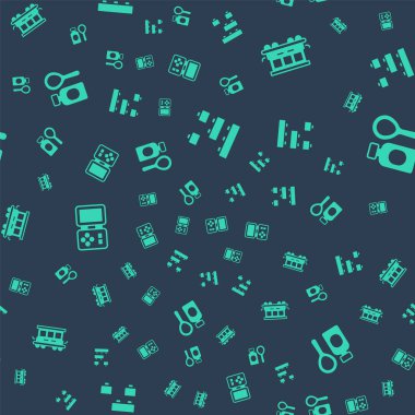 Oyuncak bina tuğlaları, yolcu vagonları oyuncakları, Tetris elektronik oyunu ve sabun köpükleri şişesini pürüzsüz bir şablona ayarlayın. Vektör