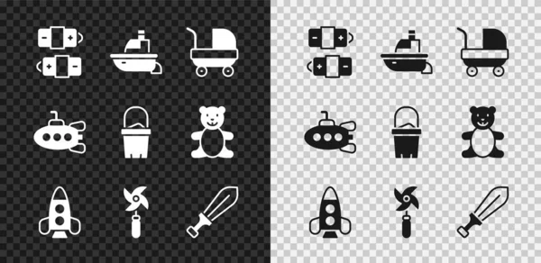 Set Batterie, Spielzeugboot, Kinderwagen, Raketenschiff Spielzeug, Windrad, Schwert, U-Boot und Sand-Eimer-Symbol. Vektor — Stockvektor
