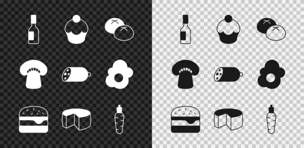 Set Tabasco sauce, Muffin, Bread loaf, Burger, Cheese, Carrot, Mushroom and Salami sausage icon. Vector — Stock Vector