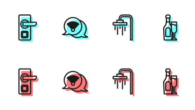 Hat hattı, dijital kapı kilidi, kablosuz internet ve cam ikonlu şampanya şişesi. Vektör