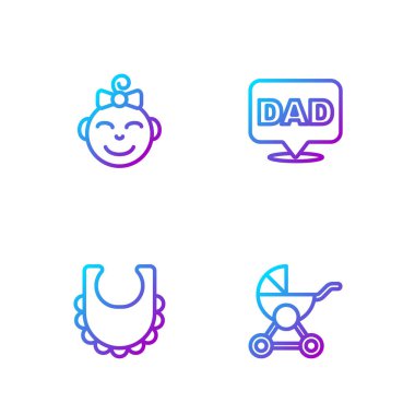 Bebek arabası, önlük, küçük kız kafası ve konuşma balonu babası. Renk simgeleri. Vektör