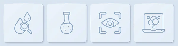 Set line Drop und Lupe, Eye Scan, Reagenzglas und chemische Formel. Weiße quadratische Taste. Vektor — Stockvektor