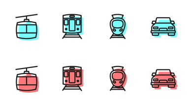 Tramvay ve tren hattı, kablo, tren ve araba ikonu ayarlayın. Vektör