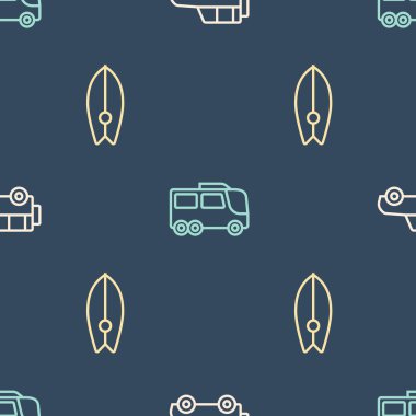 Off-road vagonu, sörf tahtası ve otobüs hatlarını kusursuz bir şekilde ayarlayın. Vektör