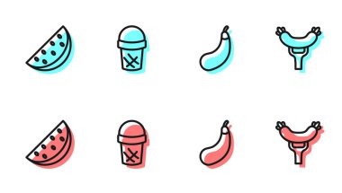 Patlıcan, karpuz, waffle 'da dondurma ve çatal ikonu Sosis. Vektör