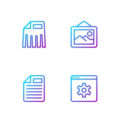 Satır Tarayıcı ayarı, Dosya belgesi, Kağıt öğütücü ve Resim peyzajını ayarla. Renk simgeleri. Vektör