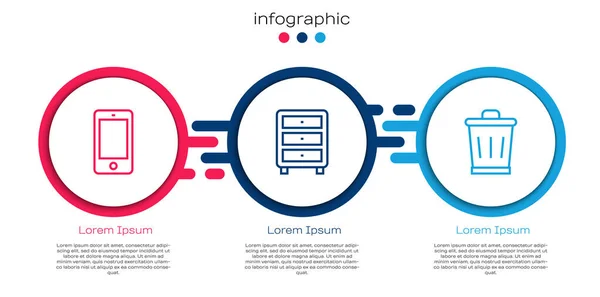 Набор линии Мобильный телефон, архив бумаги ящик и мусорный бак. Бизнес-инфографический шаблон. Вектор — стоковый вектор