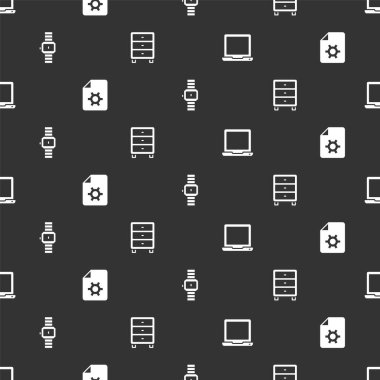 Laptop, Belge ayarları, Bilek saati ve Arşiv kağıt çekmecesini pürüzsüz desen üzerine ayarla. Vektör