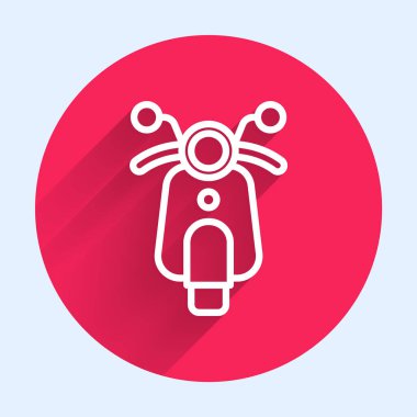 Beyaz çizgi Scooter simgesi uzun gölge arkaplanı ile izole edildi. Kırmızı daire düğmesi. Vektör