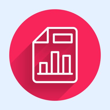 Grafik çizelgesi simgesine sahip beyaz çizgi belgesi uzun gölge arkaplanı ile izole edildi. Metin dosya simgesini rapor et. Muhasebe tabelası. Denetim, analiz, planlama. Kırmızı daire düğmesi. Vektör