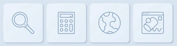 Linienlupe, Erdkugel, Rechner und Datenvisualisierung einstellen. Weiße quadratische Taste. Vektor — Stockvektor