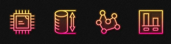 Set line Chemische Formel, Prozessor-CPU, Höhe geometrische Figur und Diagramm Infografik. Leuchtende Leuchtschrift. Vektor — Stockvektor