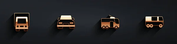 Set consegna camion merci, auto, filobus e bus icona con lunga ombra. Vettore — Vettoriale Stock