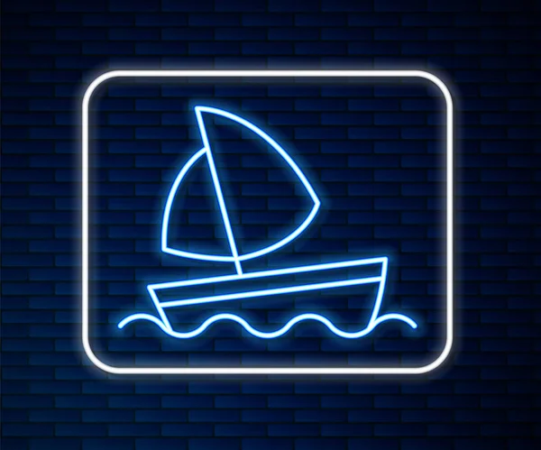 Glödande neon linje Yacht segelbåt eller segelfartyg ikon isolerad på tegelvägg bakgrund. Segelbåt marin kryssning resa. Vektor — Stock vektor