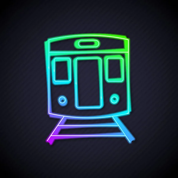 Glowing neon line Train and railway icon isolated on black background. Public transportation symbol. Subway train transport. Metro underground. Vector — Stock Vector