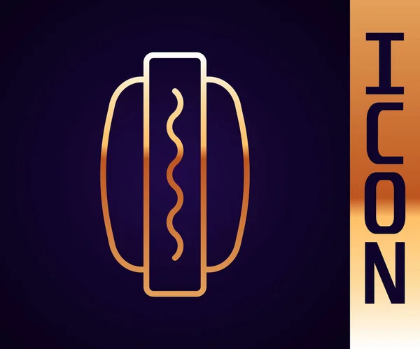 Gouden lijn Hotdog sandwich pictogram geïsoleerd op zwarte achtergrond. Worstpictogram. Fastfood bord. Vector — Stockvector