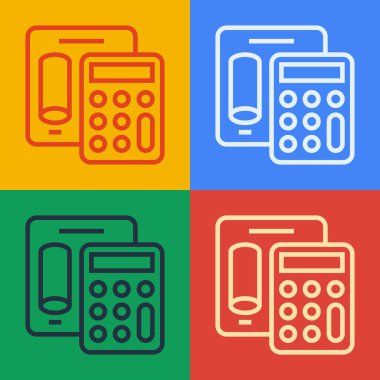 Pop sanat çizgisi hesap makinesi simgesi renk arkaplanında izole edildi. Muhasebe sembolü. İş hesaplamaları matematik eğitimi ve finans. Vektör