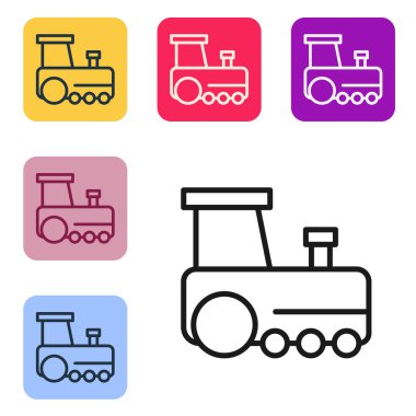 Siyah çizgi oyuncak tren ikonu beyaz arkaplanda izole edildi. Renkli kare düğmelerle simgeleri ayarla. Vektör