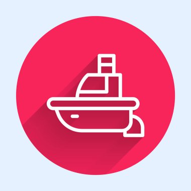 Beyaz çizgi oyuncakçı teknesi simgesi uzun gölge arkaplanı ile izole edildi. Kırmızı daire düğmesi. Vektör