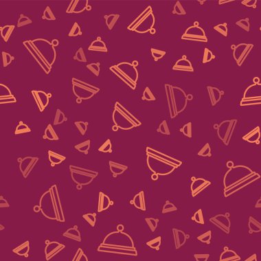 Kahverengi çizgi bir tepsi yiyecek ikonu ile kaplanmış kırmızı arka planda izole edilmiş pürüzsüz desen. Tepsi ve kapak işareti. Kapaklı bir restoran saati. Vektör