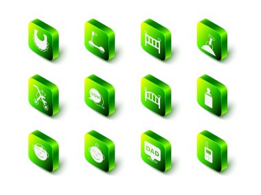 Patenli scooter, bebek karyolası beşik yatağı, kum ve kürekle kum havuzu, şişe, telsiz, konuşma balonu babası ve küçük oğlanın kafa ikonu. Vektör