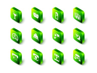 Bathtub 'u ayarlayın, lütfen rahatsız etmeyin, otel binası, kablosuz internet, taksi arabası, saç kurutma makinesi, rezervasyon takvimi ve telefon ahizesi simgesi. Vektör