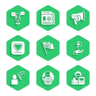 Set Peace, Uluslararası Barış Günü, Polis Memuru, Caduceus yılan tıbbı, yenilen insan, kalkan, megafon ve dolar ve özgürlük konuşma ikonu. Vektör