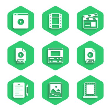 Video kaydediciyi dizüstü bilgisayar, fotoğraf çerçevesi, ışıklandırmalı makyaj aynası, MOV dosya belgesi, Senaryo, MP4, Film alkışlayıcısı ve Online video oynatma simgesine ayarla. Vektör