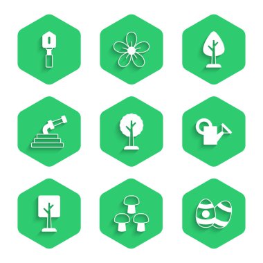 Set Ormanı, Mantar, Paskalya Yumurtası, Su Kutusu, Bahçe Hortumu ve Kürek ikonu. Vektör