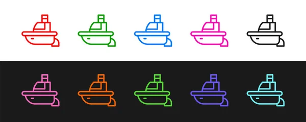 Set line Toy boat icon isoliert auf schwarzem und weißem Hintergrund. Vektor — Stockvektor